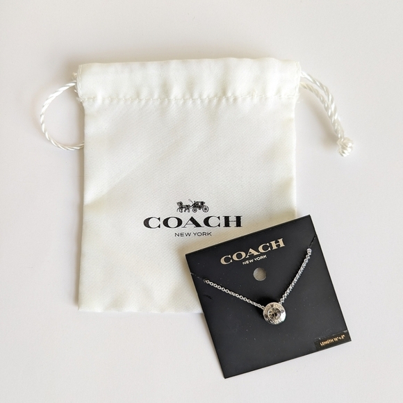 Coach Logo Open Circle Pendant Gray Center Stone Necklace Silver Tone Chain - Picture 1 of 4